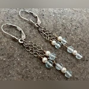 14kt White Gold blue topaz and pearl dangle earrings